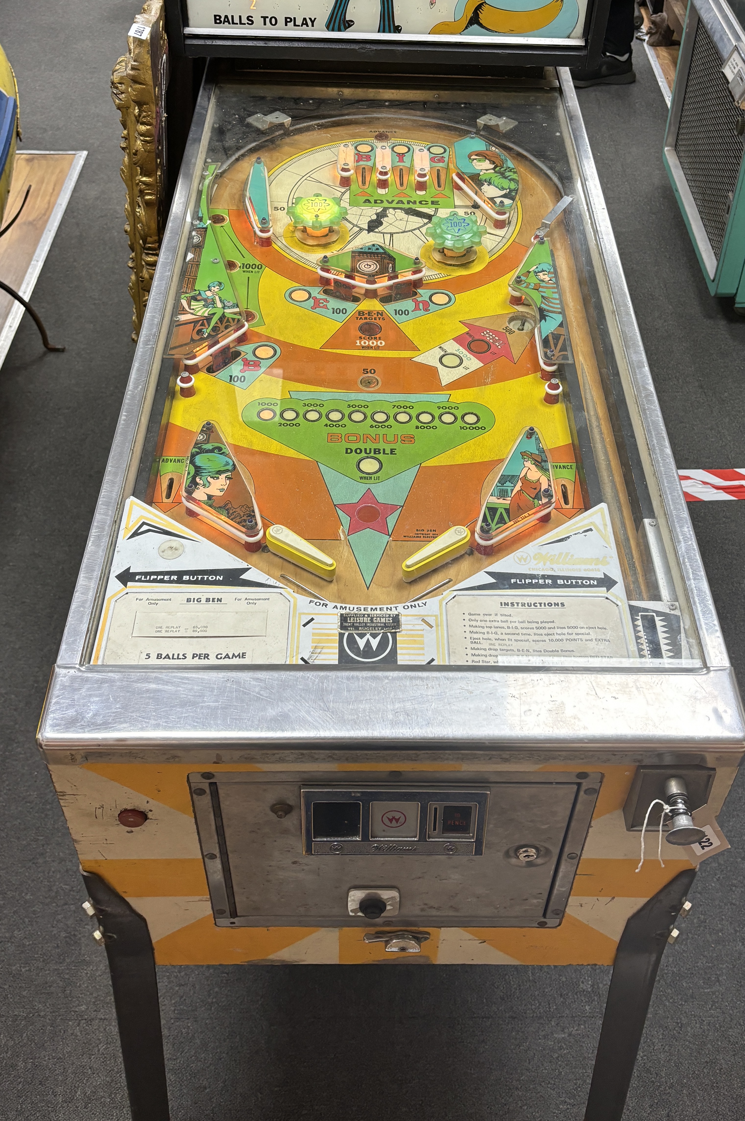 A mid century Williams Big Ben pinball machine, length 132cm, width 61cm, height 179cm